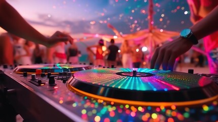 Night beach music party. Professional sound system dj console. AI generative image.