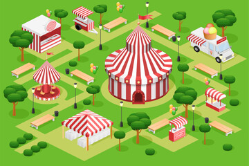 Festival map. Isometric 3D city. Circus tent or food court. Marketplace trucks. Ice cream car van. Market store. Shooting range and carousel. Park bench and lantern. Vector fairground set