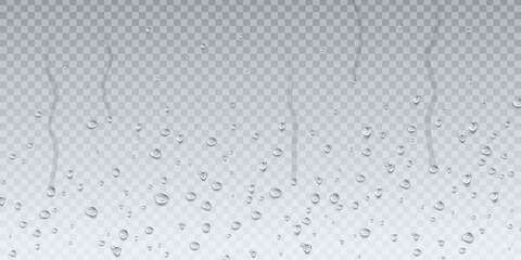 Water glass. Cold window texture, drink or steam in shower, wet dew, moisture vapor with splash or bubbles or condensate. Raindrops on transparent backdrop. Vector realistic background - 611737965