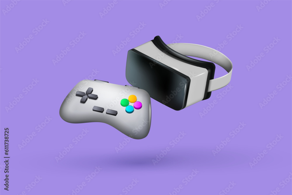 Poster 3D video game. VR icons. Metaverse elements. Gamers wireless joystick render. Virtual simulator glasses. Gaming technology. Playing controller. Vector isolated computer devices design