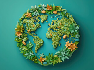 Banner of colorful map of the globe with green trees cut out of paper