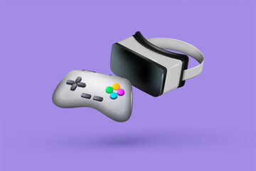 3D video game. VR icons. Metaverse elements. Gamers wireless joystick render. Virtual simulator glasses. Gaming technology. Playing controller. Vector isolated computer devices design