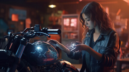 Girl working on a motorcycle with futuristic AR technology. AI Generative.