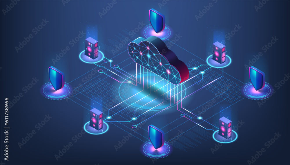 Fototapete Data cloud. Storage digital technology. Attack on internet platform. Online server. 3D big center for business. Database connection. Computing protection. Vector isometric background