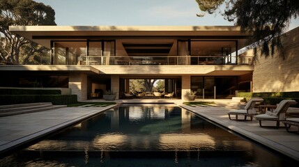 Fototapeta premium Modern Luxurious Mansion, Landscaped garden, Earth tones, Minotti style, Serene Morning in Bel Air, USA, natural sunlight - Generative AI