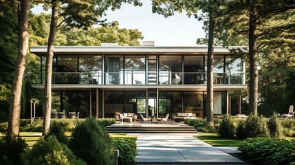 Fototapeta na wymiar Straight-on Modern Luxurious Mansion, Ornamental trees, Glass and greenery, B&B Italia style, Natural sunlight in the Hamptons in a tranquil Morning - Generative AI