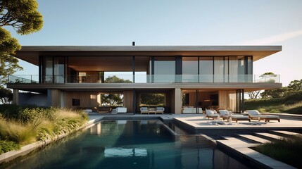 Modern Luxurious, Mansion, Landscaped terrace, Wood and greenery, Earth tones, Patricia Urquiola, Serene Morning in the Hamptons, USA - Generative AI