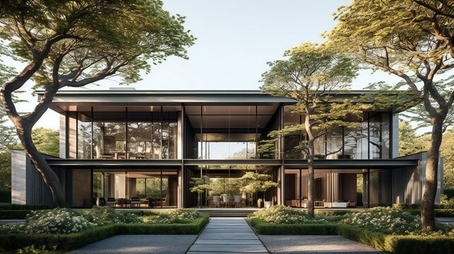 Straight-on Modern Luxurious Mansion, Ornamental trees, Glass and greenery, B&B Italia style, Natural sunlight in the Hamptons in a tranquil Morning - Generative AI