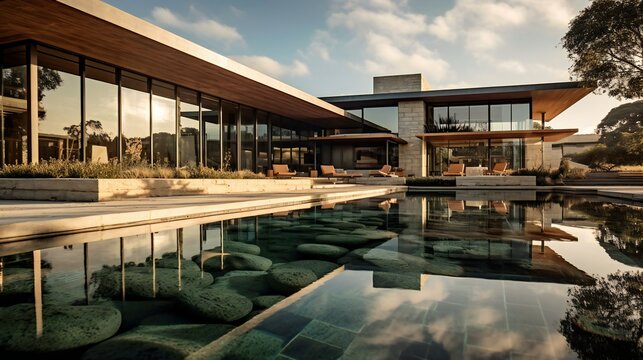 Modern Luxurious Mansion, Landscaped garden,  Earth tones, Minotti style, Serene Morning in Bel Air, USA, natural sunlight - Generative AI