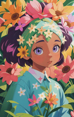 Portrait beautiful African-American girl with flowers on her head. Woman with flower arrangement on head. Generative AI.