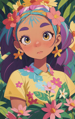 Portrait beautiful African-American girl with flowers on her head. Woman with flower arrangement on head. Generative AI.