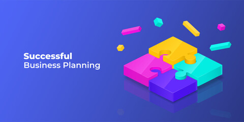 3D isometric puzzle. Successful solutions for business. Team pieces connect. Join jigsaw. Efficient planning concept. Game collaboration. Analysis and connection. Vector background