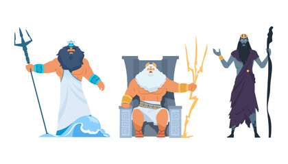 Cartoon Greek gods. Ancient mythological characters. Zeus on throne. Poseidon and Hades with tridents. Mythical divinities. Antique religion. Olympian pantheon. Divine men vector set