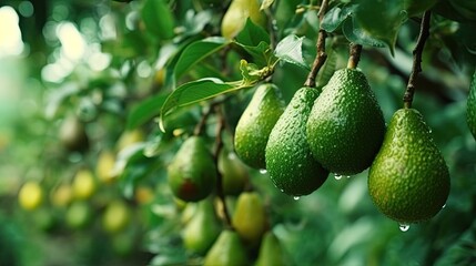 Fresh Avocado Harvest: Green Fruits on Trees in Lush Orchard Farm for Delicious Food and Diet. Generative AI