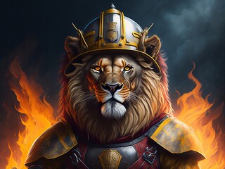Lion wearing a fireman's helmet standing in front of a fire, strength and courage. Generative AI
