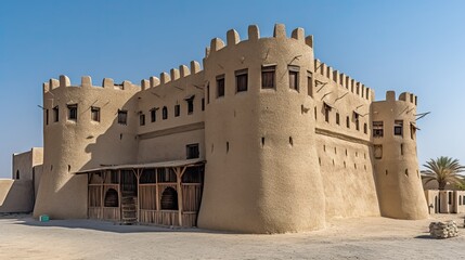 Medieval Al Fahidi Fort in Dubai, UAE: Watchtower on Emirati Adobe Architecture with Intricate Carvings: Generative AI