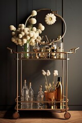Modern 3D Mini Bar Interior Design with Masculine Brass Trolley, Drinks, Alcohol, and Dried Flowers for Whiskey, Cocktails, and Vodka. Generative AI - obrazy, fototapety, plakaty