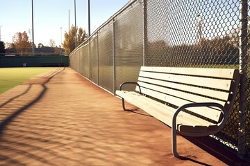 Sunny Baseball Field Dugout with Slanted Roof and Chain Link Fence - Sports and Recreation Concept: Generative AI - obrazy, fototapety, plakaty