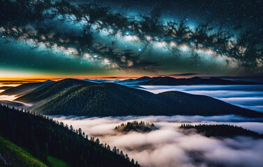 Aerial view Milky Way over the mountains in the fog at night. Generative AI.