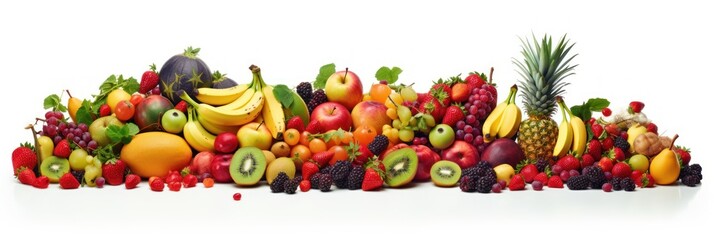 a heaped mountain with fresh fruit of many different varieties, white background, banner (Generative AI, Generativ, KI)