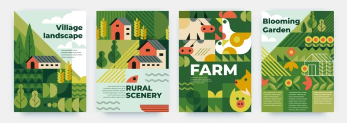 Fotobehang Nature house landscape. Geometric patterns. Abstract posters with village plants and flowers. Countryside scenery. Forest trees. Farm animals. Modern banner design. Vector backgrounds set © SpicyTruffel