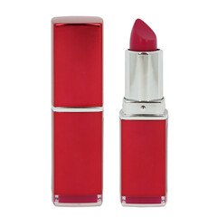 Open red lipstick in a plastic case on a white background