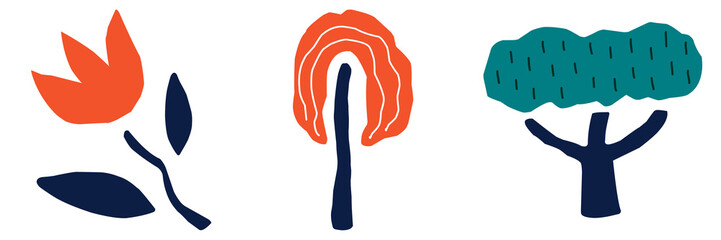 Doodle plants. Hand drawn flower, scribble style trees. Cute abstract poster and card. Trendy botanical art. Colorful simple shapes. Exotic floral isolated elements for decor. Vector minimal set