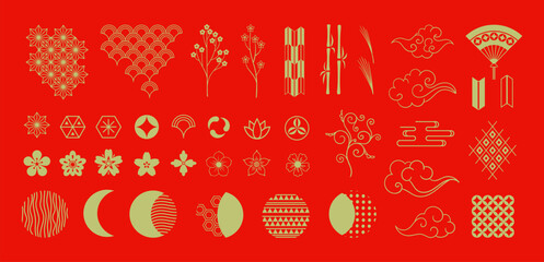Japanese elements. Gold sun and moon, sakura flowers and traditional ornament, clouds and bamboo branches. Golden oriental signs and symbols. Asian clipart for design. Vector isolated set