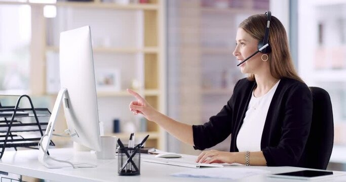 Contact us, woman or virtual assistant typing on computer in lead generation or telemarketing office. Smile, girl or friendly sales agent working or speaking online in technical or customer services