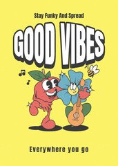 Retro 30s poster with positive quotes and cartoons in trendy style, vector illustration