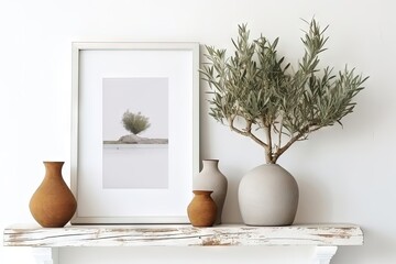 Fototapeta premium Intérieur élégant nature morte. Deux étagères flottantes. Modèle de maquette de cadre photo en bois vierge. Vase texturé avec des branches d'olivier et de vieux livres. Maison méditerranéenne moderne.