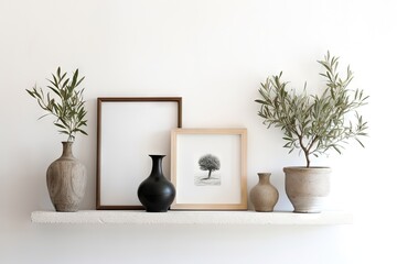 Intérieur élégant nature morte. Deux étagères flottantes. Modèle de maquette de cadre photo en bois vierge. Vase texturé avec des branches d'olivier et de vieux livres. Maison méditerranéenne moderne. © Merilno