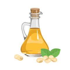 Soybean oil in glass bottle. Vector cartoon illustration of healthy organic food