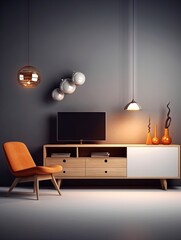 Conception de meubles, style nordique, fusion, fond de couleurs claires, affichage de produit, façade, éclairage de studio
