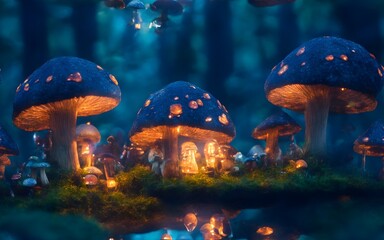 Fairy houses in fantasy forest with glowing mushrooms. Digital artwork. ai generative