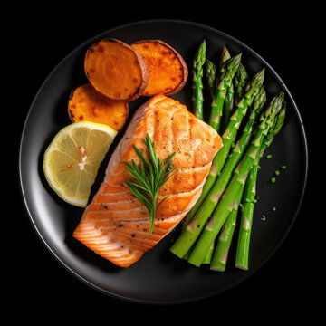 Baked Salmon With Roasted Sweet Potatoes, Lemon And Steamed Asparagus On Black Plate. Generative AI