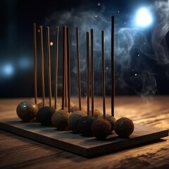 Various incense sticks on a stand burn with smoke, aroma in the house, decoration and aromatization of the room. Generative AI
