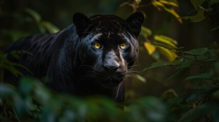 Naklejka na ściany i meble Black Panther. Elegant Black Panther in the Jungle. Ai Generated Art. 