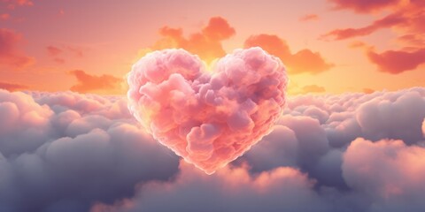 Pink heart shaped sky at sunset. Beautiful love background, generative ai