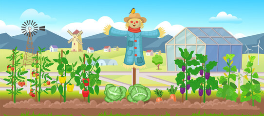 Farm panorama with garden with vegetables on the beds,
 mills, fields, trees, windmill, scarecrow.  Big scene for kids.Vector illustration in cartoon style.  