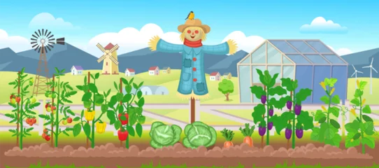 Fotobehang Boerderij Farm panorama with garden with vegetables on the beds,  mills, fields, trees, windmill, scarecrow.  Big scene for kids.Vector illustration in cartoon style.    © NADEZHDA