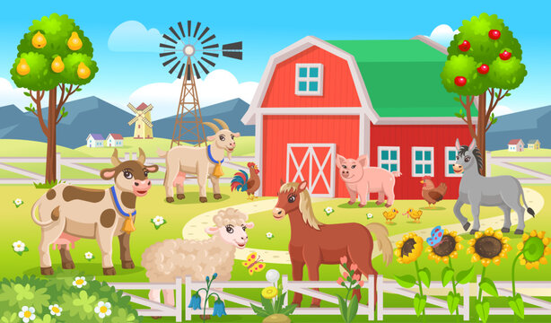 Farm panorama with a  barn, houses, mills, fields, trees and farm animals.Big scene with farm animals for kids.Vector illustration in cartoon style.