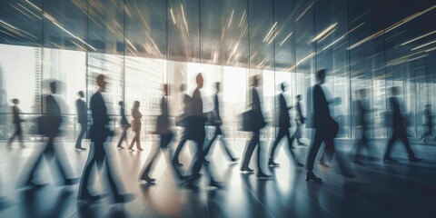 Blurred business people walking in the office corridor. blurred business people at a trade fair, generative ai
