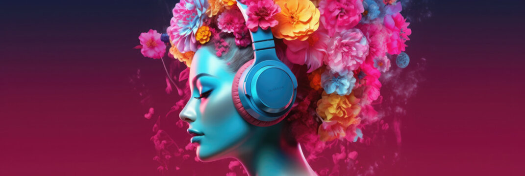 Frau mit Kopfh&ouml;rern und Blumen in den Haaren - K&uuml;nstlich - Flower Power Hintergrund