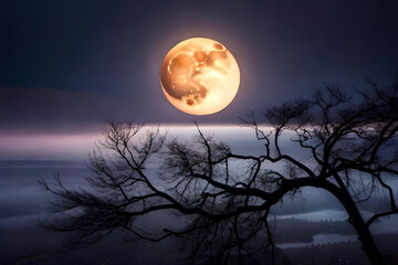 Fototapeta na wymiar the moon as it peeks through the branches of a tree