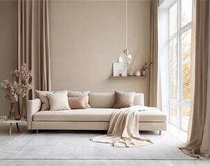 Fototapeta Canapé moderne dans une pièce neutre, dans le style de mise en scène minimaliste, beige foncé et beige clair, cottagecore, palettes monochromes, maquette obraz