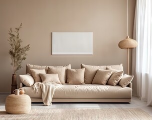 Canapé moderne dans une pièce neutre, dans le style de mise en scène minimaliste, beige foncé et beige clair, cottagecore, palettes monochromes, maquette