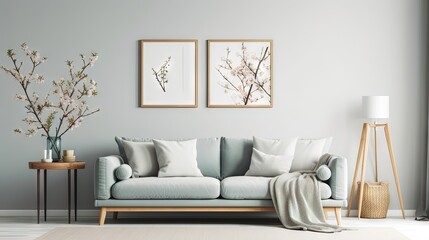 Intérieur de salon scandinave printanier moderne. Cadre photo en bois, maquette d'affiche. Canapé avec coussins en lin rayé bleu pâle. Fleurs de prune cerise dans un vase. Décoration de maison élégant