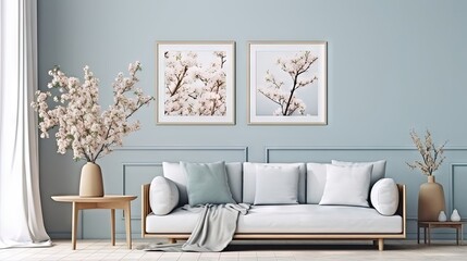 Intérieur de salon scandinave printanier moderne. Cadre photo en bois, maquette d'affiche. Canapé avec coussins en lin rayé bleu pâle. Fleurs de prune cerise dans un vase. Décoration de maison élégant
