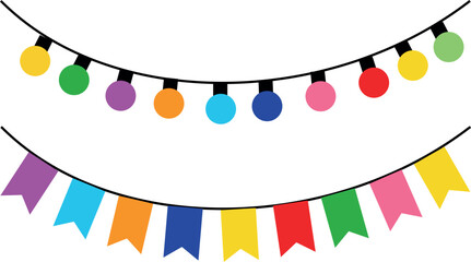  rope with colorful flags and a rope with colorful lights for celebration on transparent background